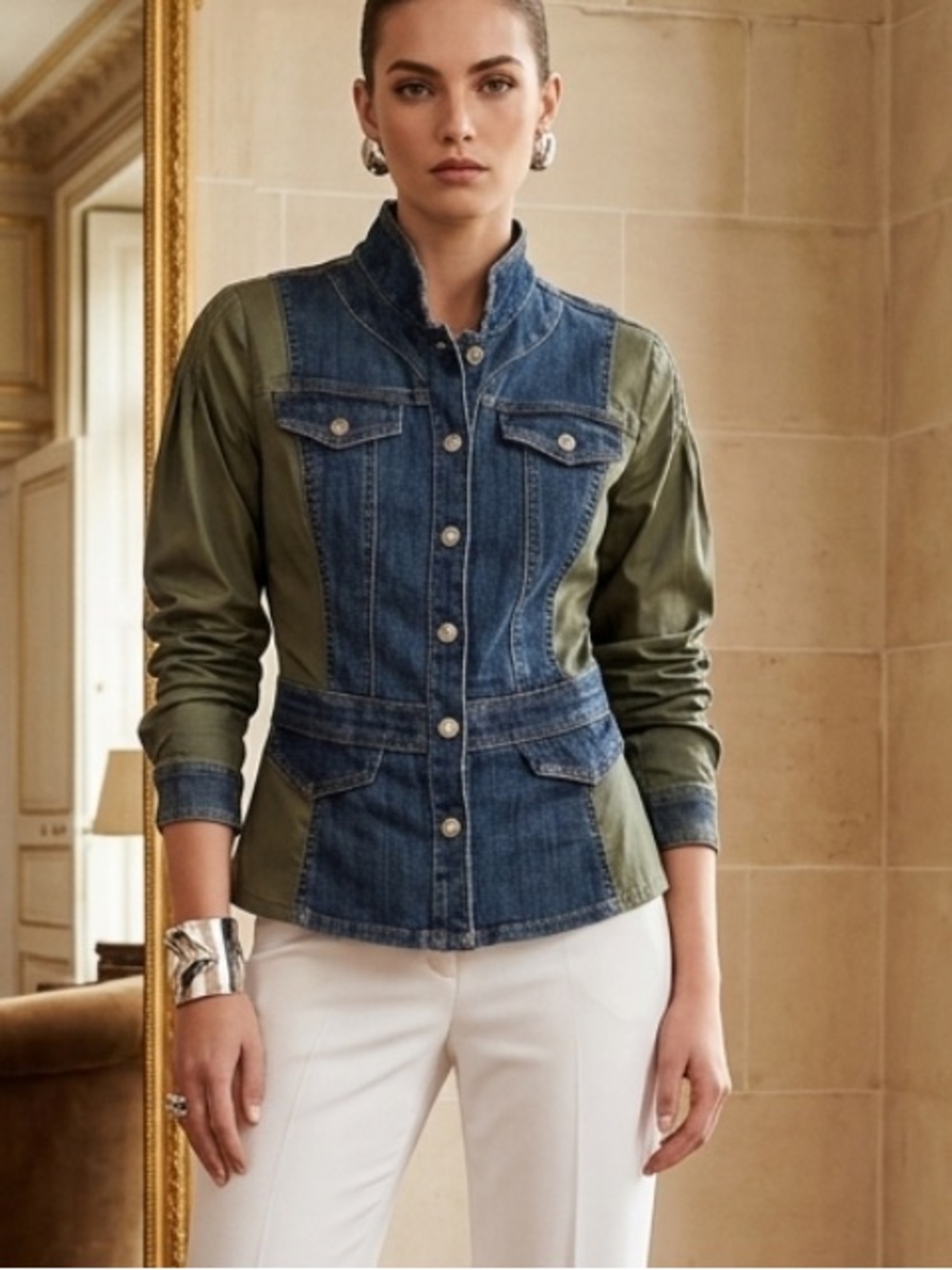 WHBM Denim Mixed Media Utility‎ Jacket Size 2 Olive Green Jean Moto Full Button